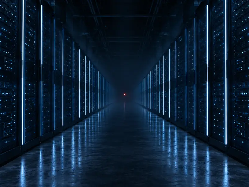 Illustration: a data center corridor with lit racks and a single red alert in the distance