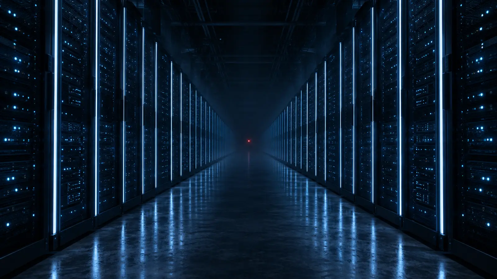Ilustración: pasillo de data center con racks iluminados y una alerta roja al fondo